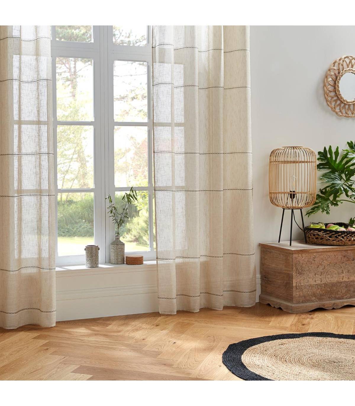Voilage à œillets Beige Lin avec lignes horizontales 140 x 240 cm - Imagen 4