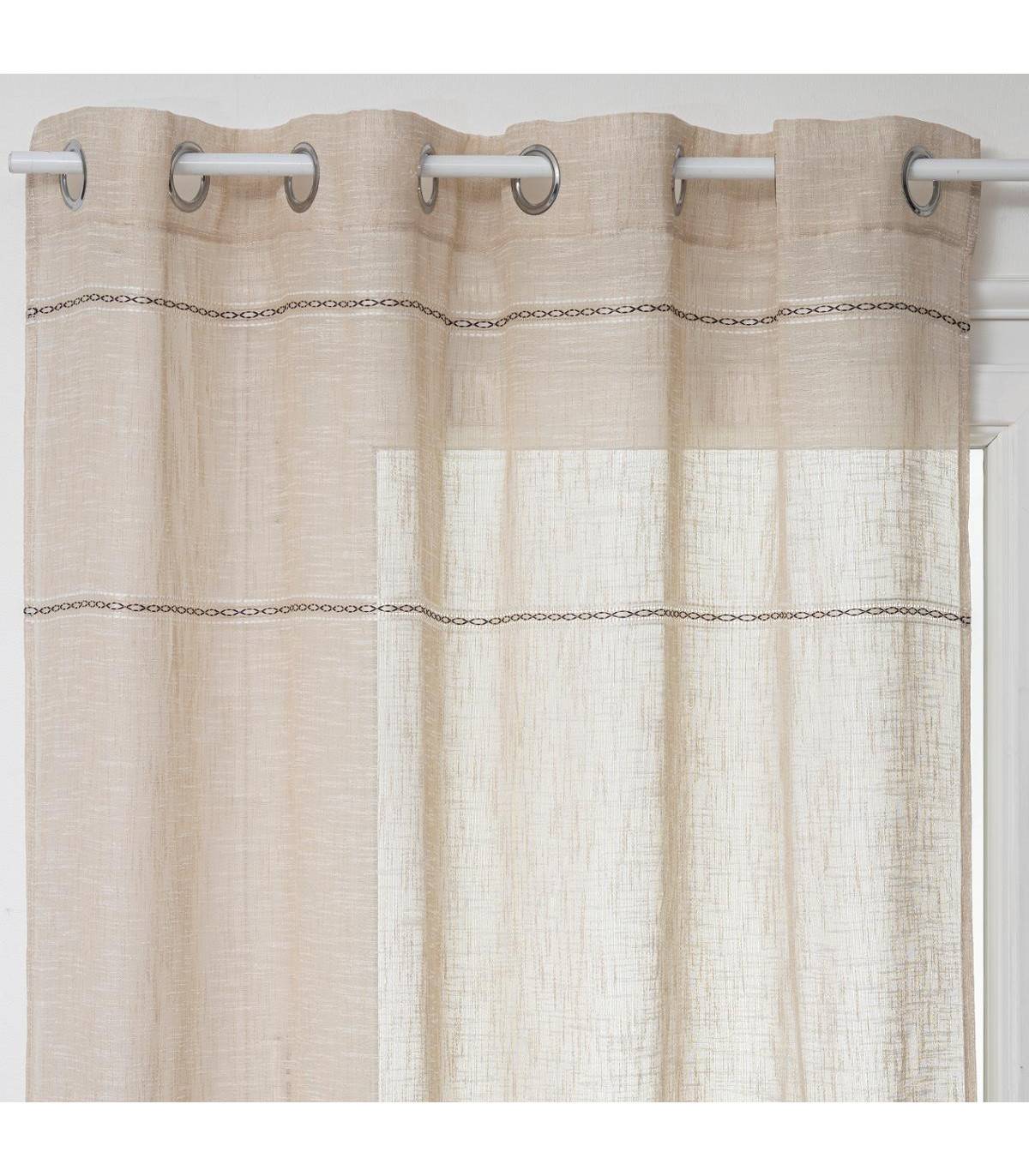 Voilage à œillets Beige Lin avec lignes horizontales 140 x 240 cm - Imagen 1