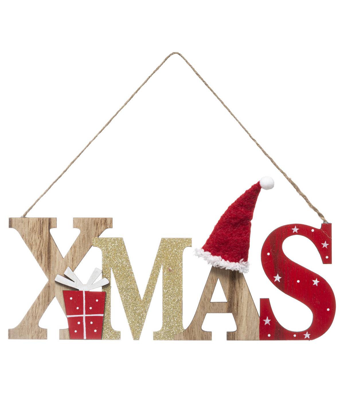 Fééric Lights & Christmas - Déco de Noël  Mot à suspendre XMAS en bois rouge et paillette dorée H 30 cm