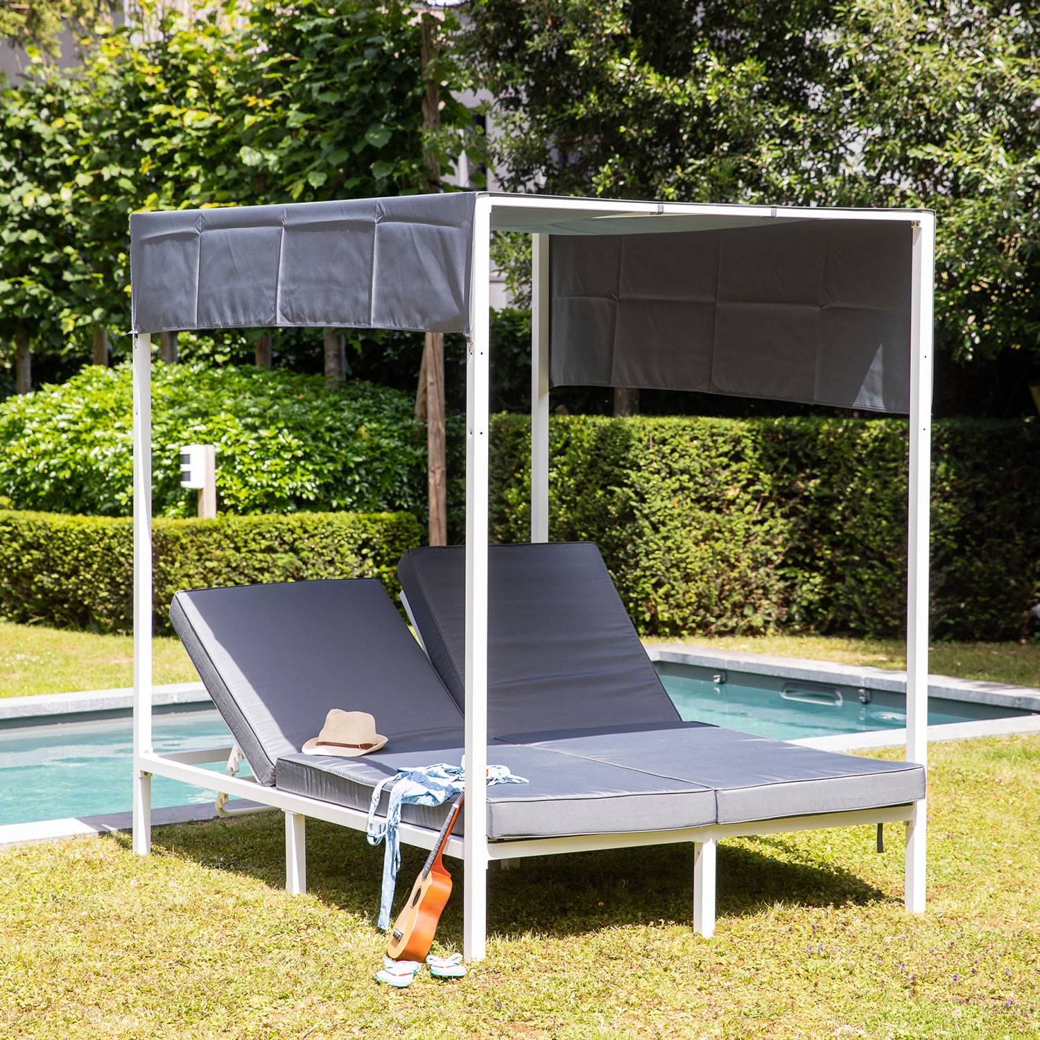 Lit à baldaquin d'extérieur BARBADOS - aluminium blanc/coussins gris - HAPPY GARDEN - Imagen 9