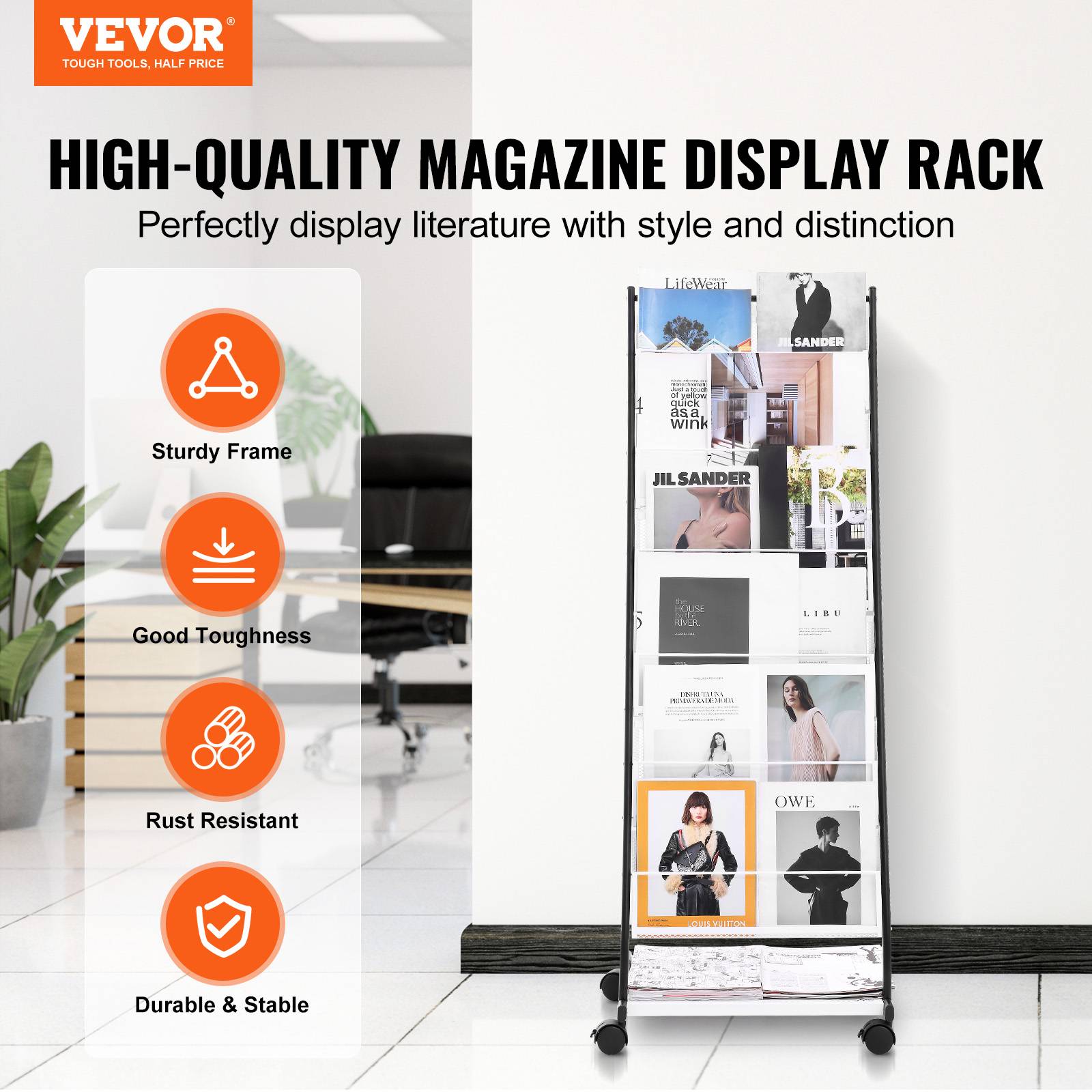 VEVOR Support brochures 6 niveaux, au sol, mobile, 4 roulettes. Pour ...