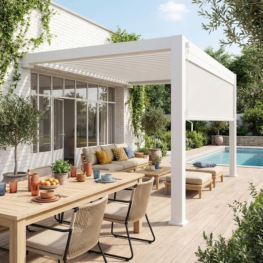 Pergola bioclimatique aluminium adossée 4x3m + 1 store 4m blanc Triomphe  | sweeek - Image 1