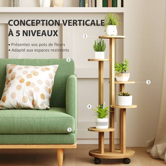 Étagère à Plantes en Bambou 5 Niveaux Ronds sur Roulettes pour Salon et Balcon 90 cm - ComfortXL Outdoor Living - Image 6