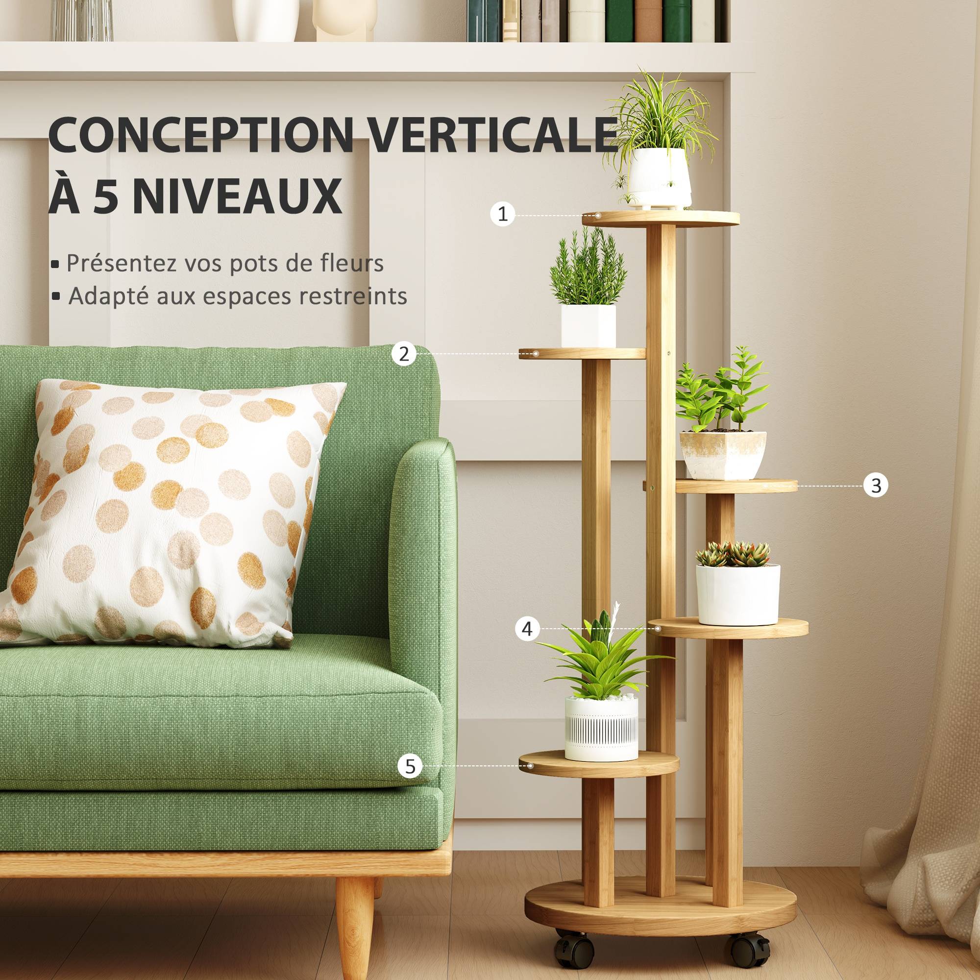 Étagère à Plantes en Bambou 5 Niveaux Ronds sur Roulettes pour Salon et Balcon 90 cm - ComfortXL Outdoor Living - Image 6