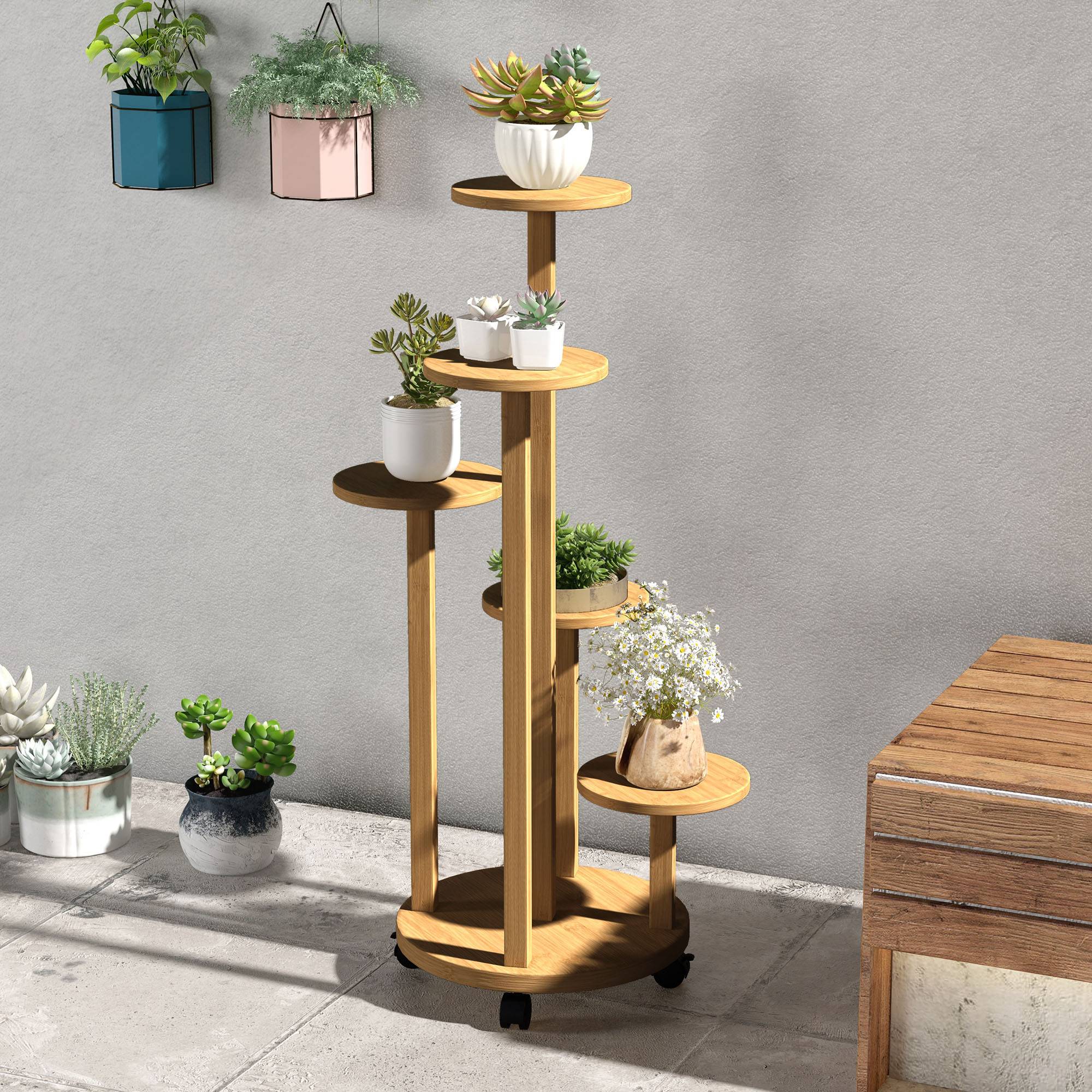 Étagère à Plantes en Bambou 5 Niveaux Ronds sur Roulettes pour Salon et Balcon 90 cm - ComfortXL Outdoor Living - Image 10