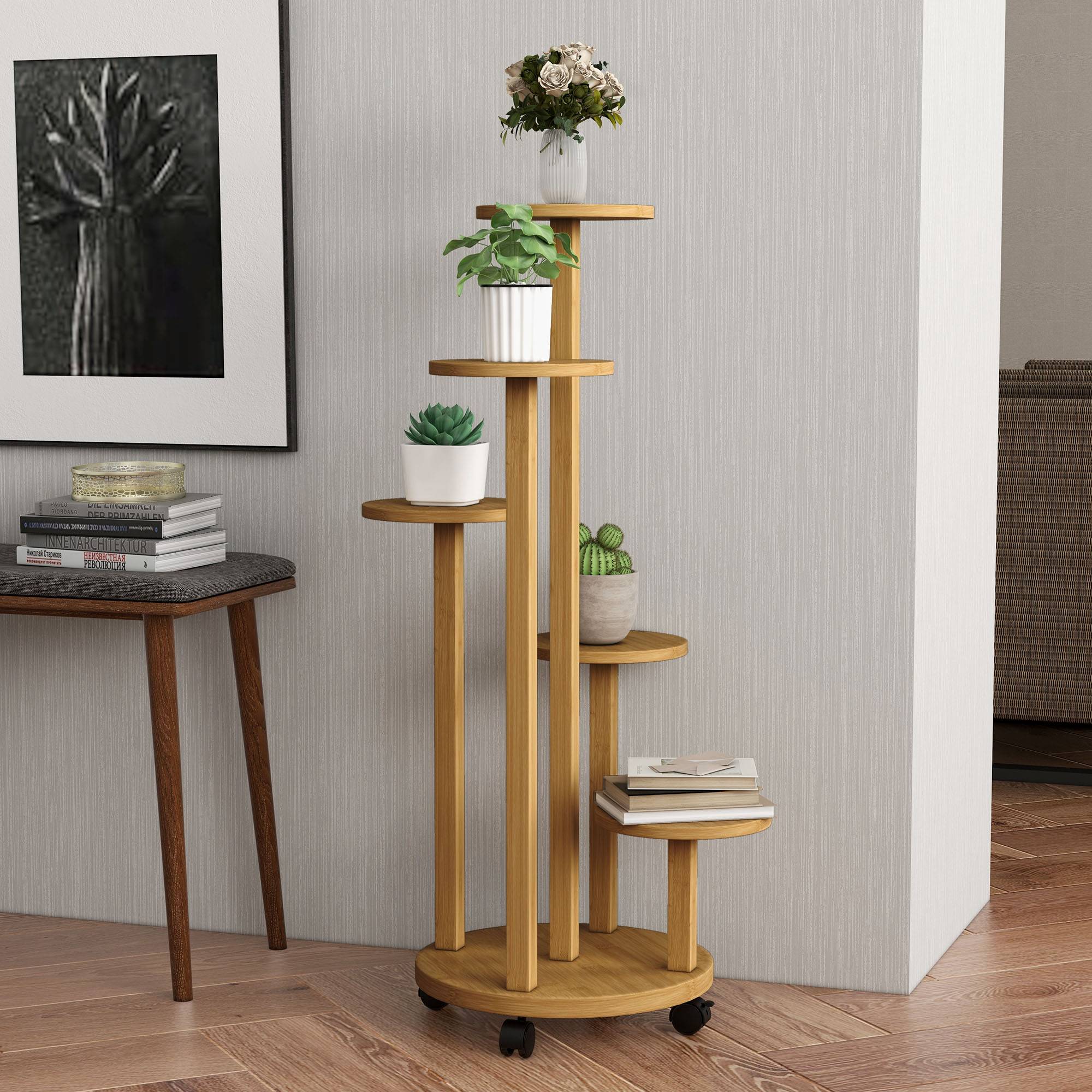 Étagère à Plantes en Bambou 5 Niveaux Ronds sur Roulettes pour Salon et Balcon 90 cm - ComfortXL Outdoor Living - Image 3