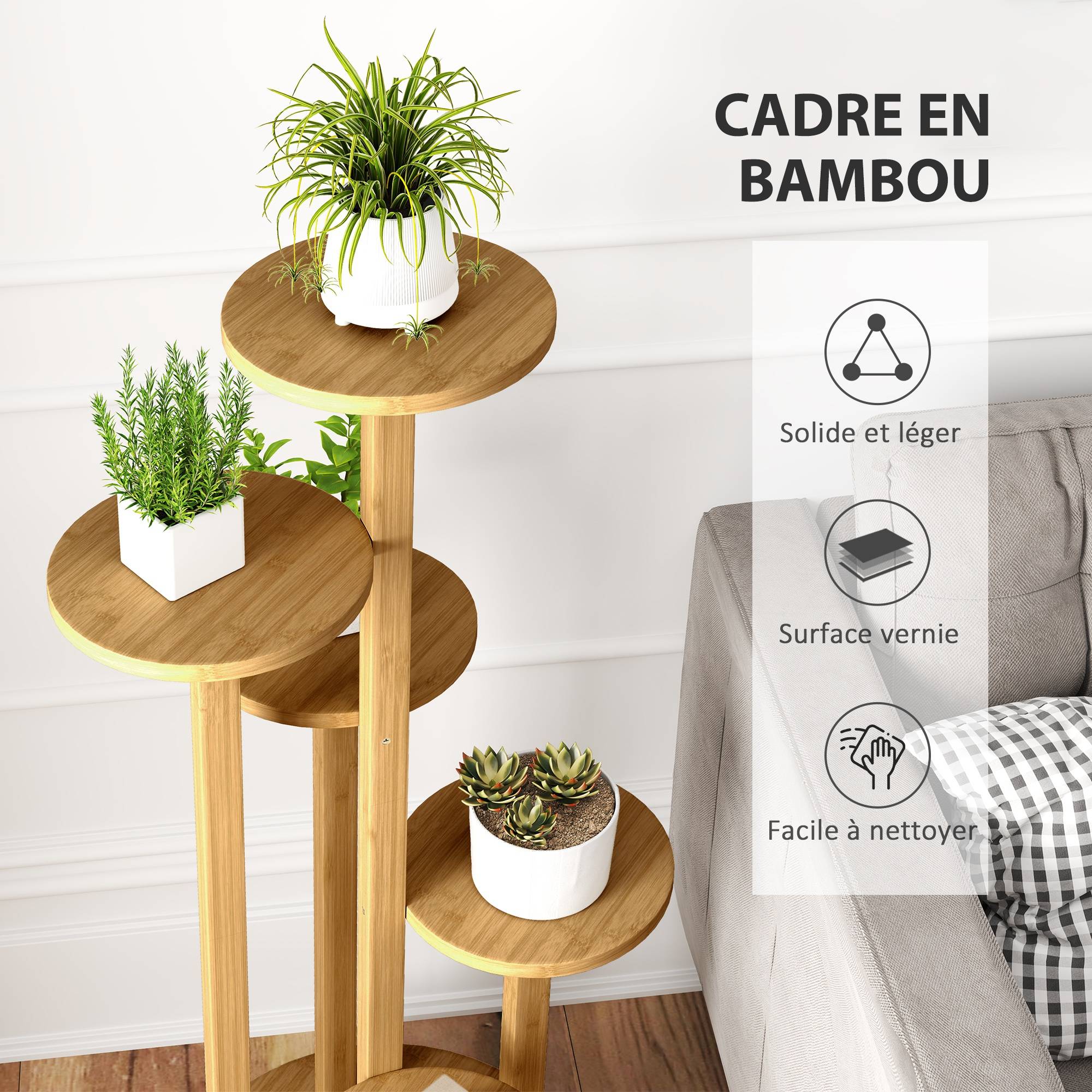 Étagère à Plantes en Bambou 5 Niveaux Ronds sur Roulettes pour Salon et Balcon 90 cm - ComfortXL Outdoor Living - Image 7