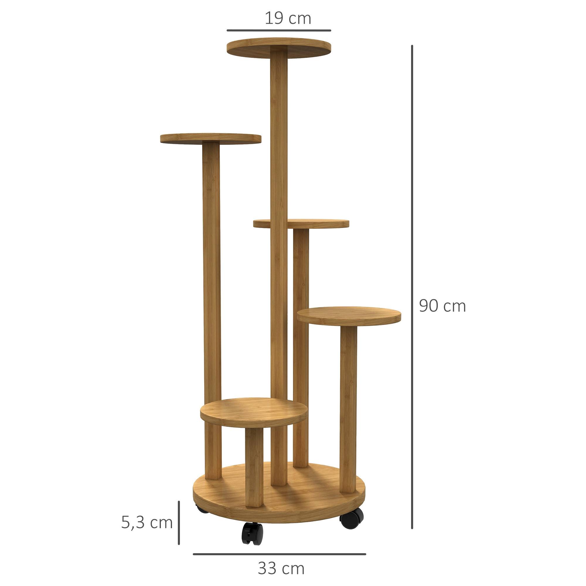 Étagère à Plantes en Bambou 5 Niveaux Ronds sur Roulettes pour Salon et Balcon 90 cm - ComfortXL Outdoor Living - Image 5
