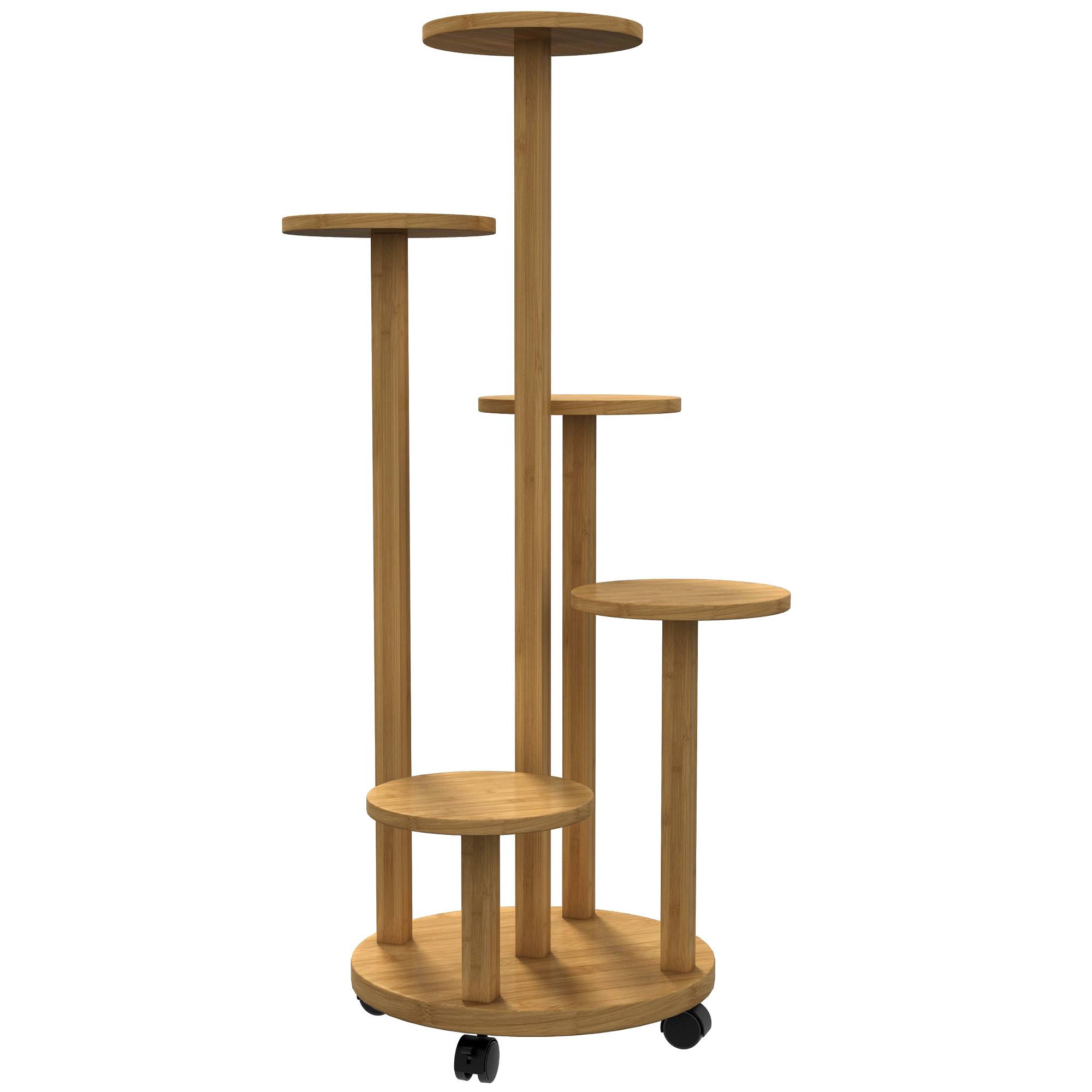 Étagère à Plantes en Bambou 5 Niveaux Ronds sur Roulettes pour Salon et Balcon 90 cm - ComfortXL Outdoor Living - Image 2