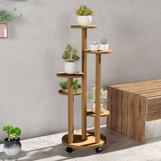 Étagère à Plantes en Bambou 5 Niveaux Ronds sur Roulettes pour Salon et Balcon 90 cm - ComfortXL Outdoor Living - Image 4
