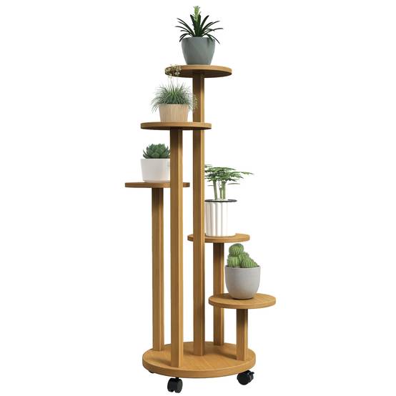 Étagère à Plantes en Bambou 5 Niveaux Ronds sur Roulettes pour Salon et Balcon 90 cm - ComfortXL Outdoor Living - Image 1