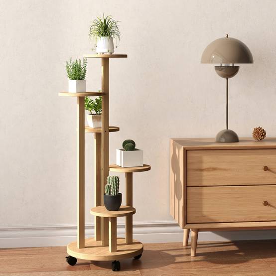 Étagère à Plantes en Bambou 5 Niveaux Ronds sur Roulettes pour Salon et Balcon 90 cm - ComfortXL Outdoor Living - Image 9