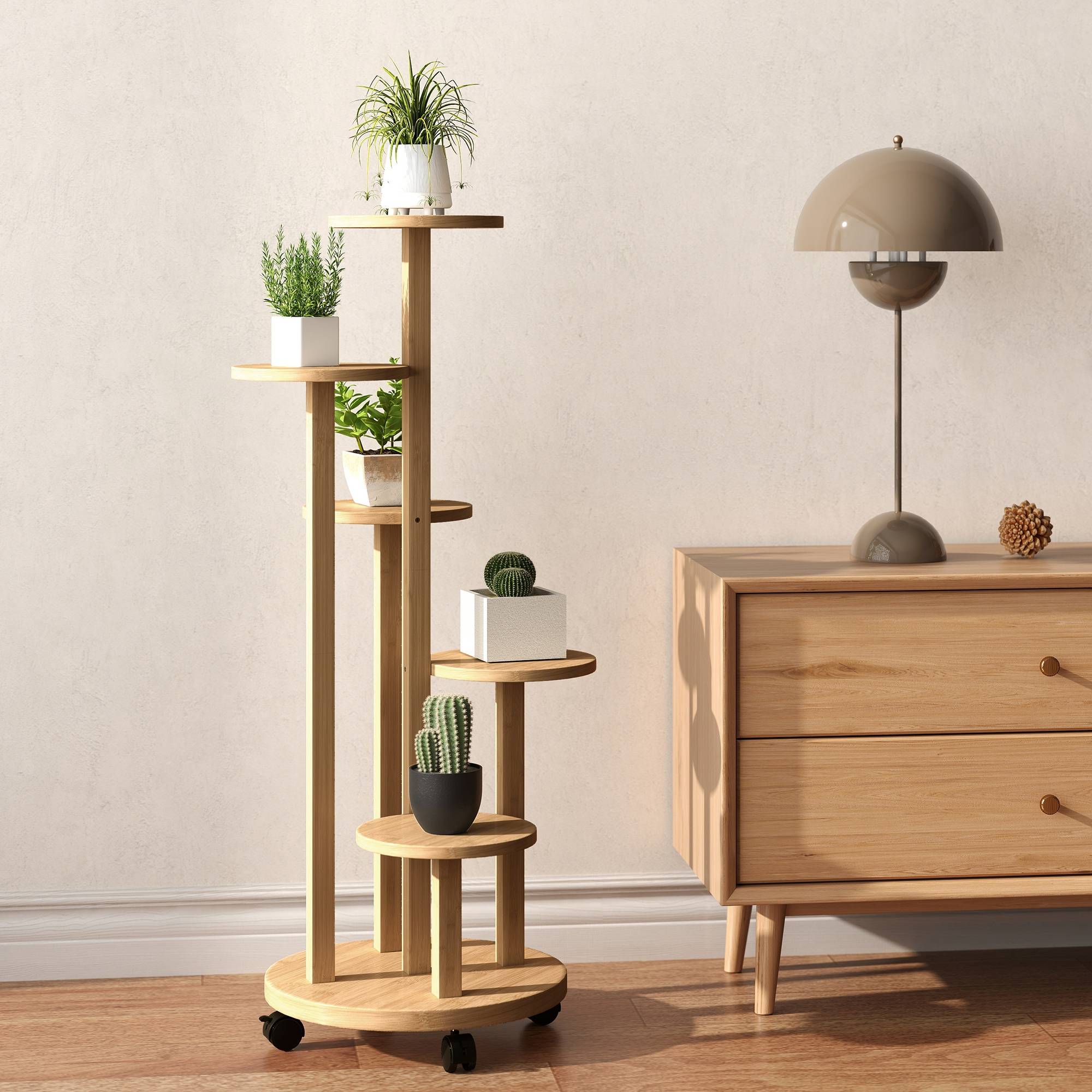 Étagère à Plantes en Bambou 5 Niveaux Ronds sur Roulettes pour Salon et Balcon 90 cm - ComfortXL Outdoor Living - Image 9