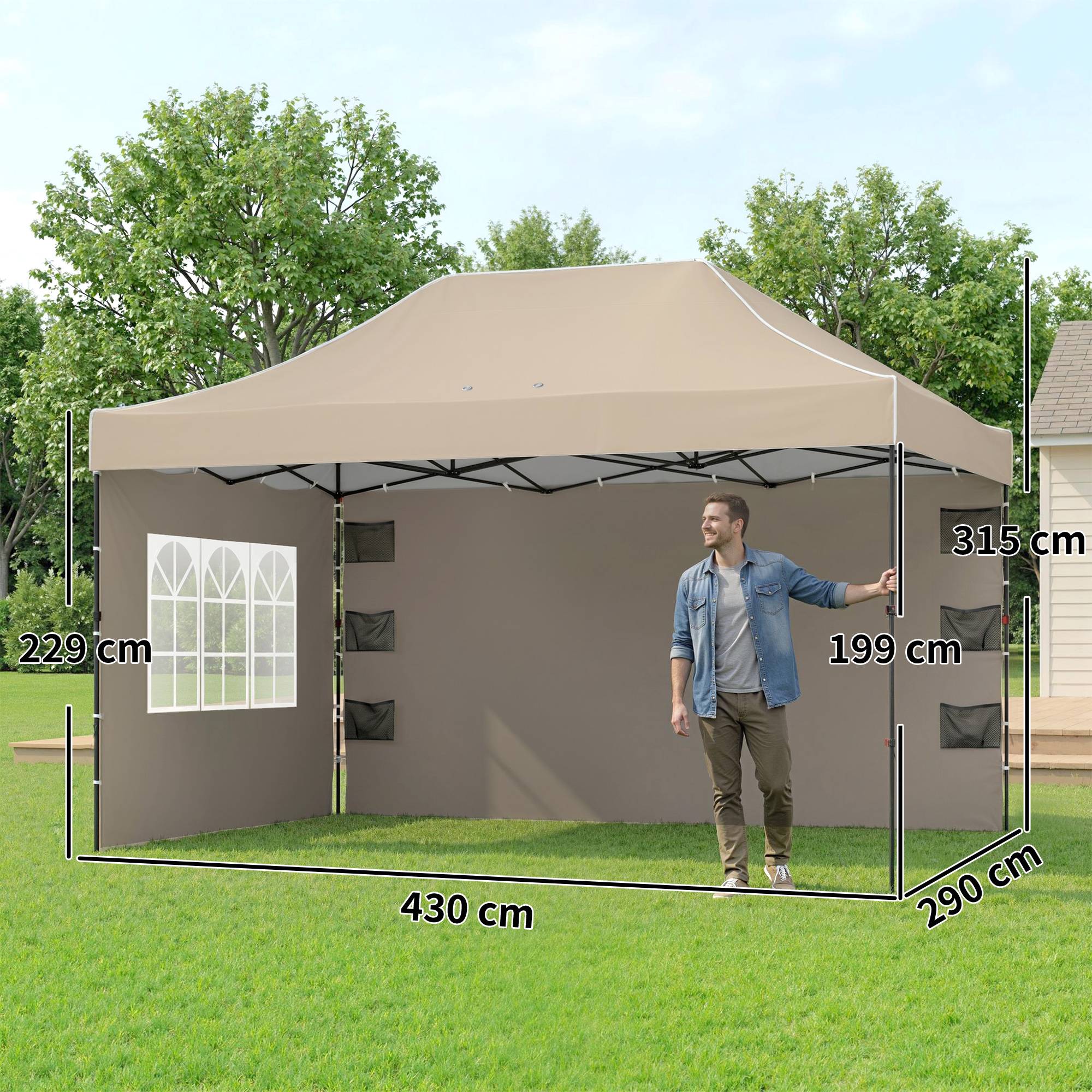 Sans Marque - Tonnelle pliante pliable avec parois latérales et fenêtres, 2,9 x 4,3 m, métal et toile Oxford, marron sable - Image 5