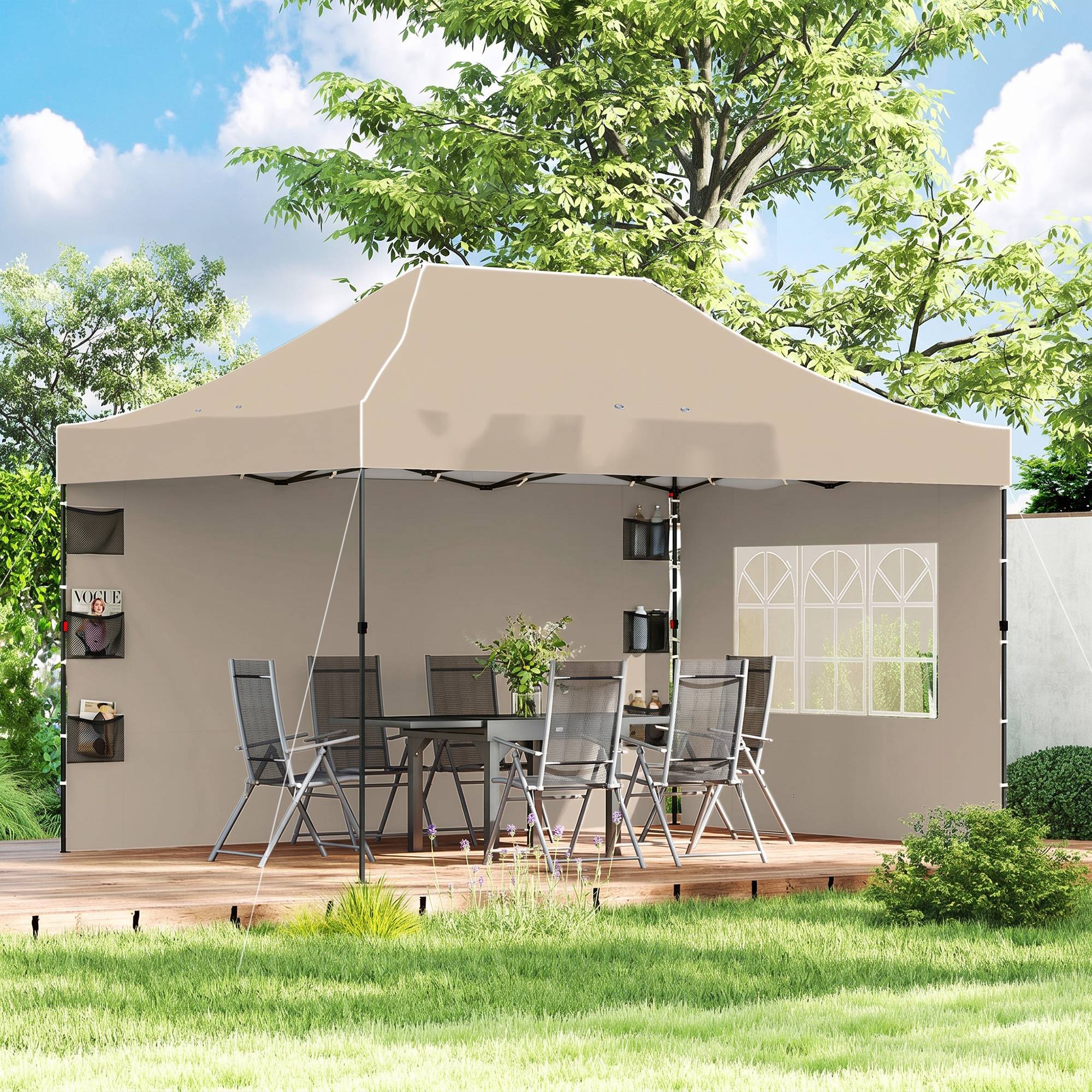 Sans Marque - Tonnelle pliante pliable avec parois latérales et fenêtres, 2,9 x 4,3 m, métal et toile Oxford, marron sable - Image 4