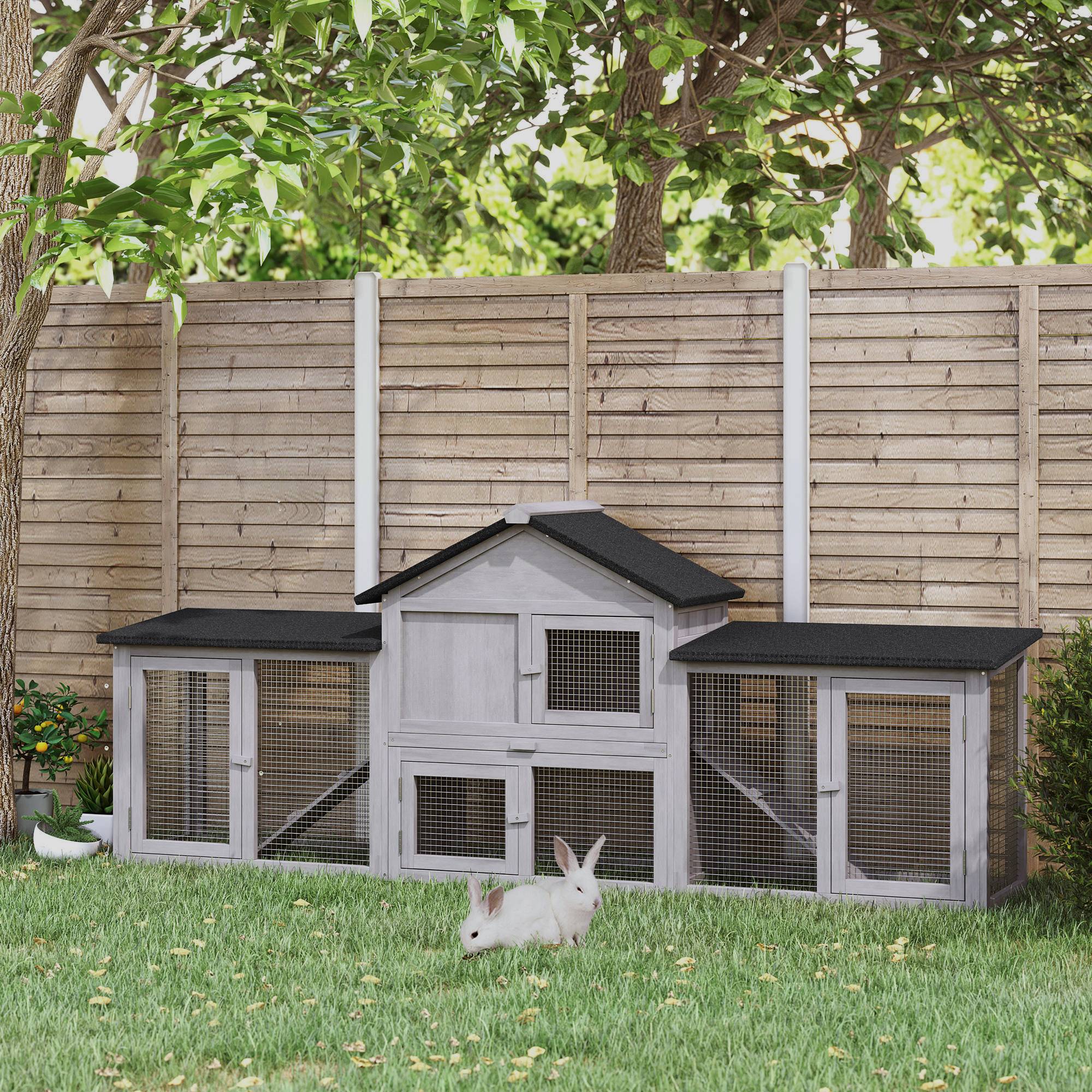 Clapier XXL lapin bois pin rongeurs extérieur 2 étages double enclos 210cm gris - ComfortXL Outdoor Living - Image 3