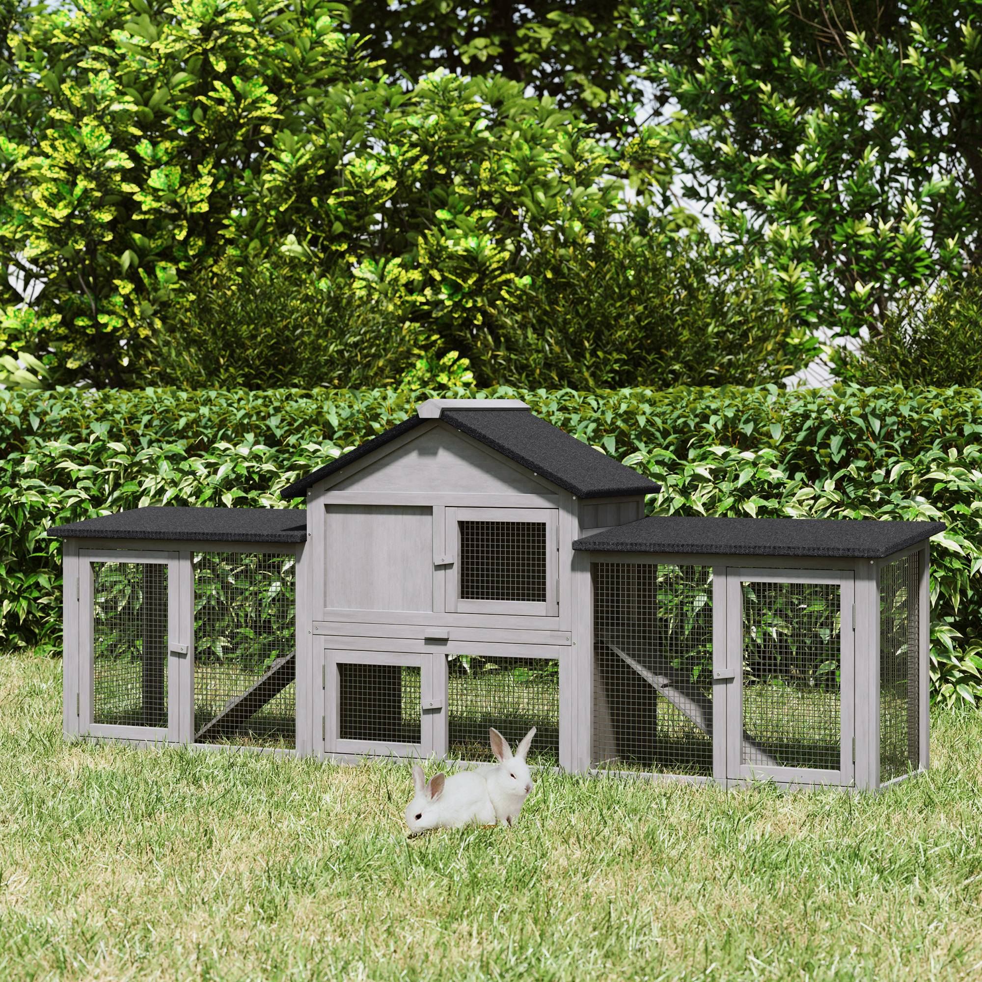 Clapier XXL lapin bois pin rongeurs extérieur 2 étages double enclos 210cm gris - ComfortXL Outdoor Living - Image 4