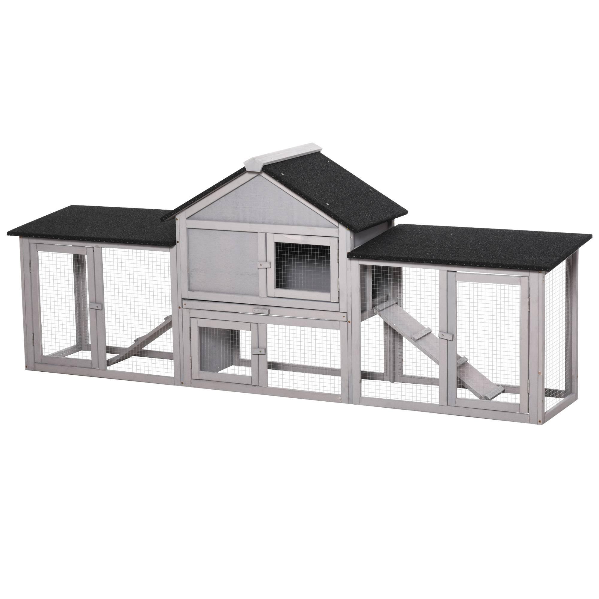 Clapier XXL lapin bois pin rongeurs extérieur 2 étages double enclos 210cm gris - ComfortXL Outdoor Living - Image 2