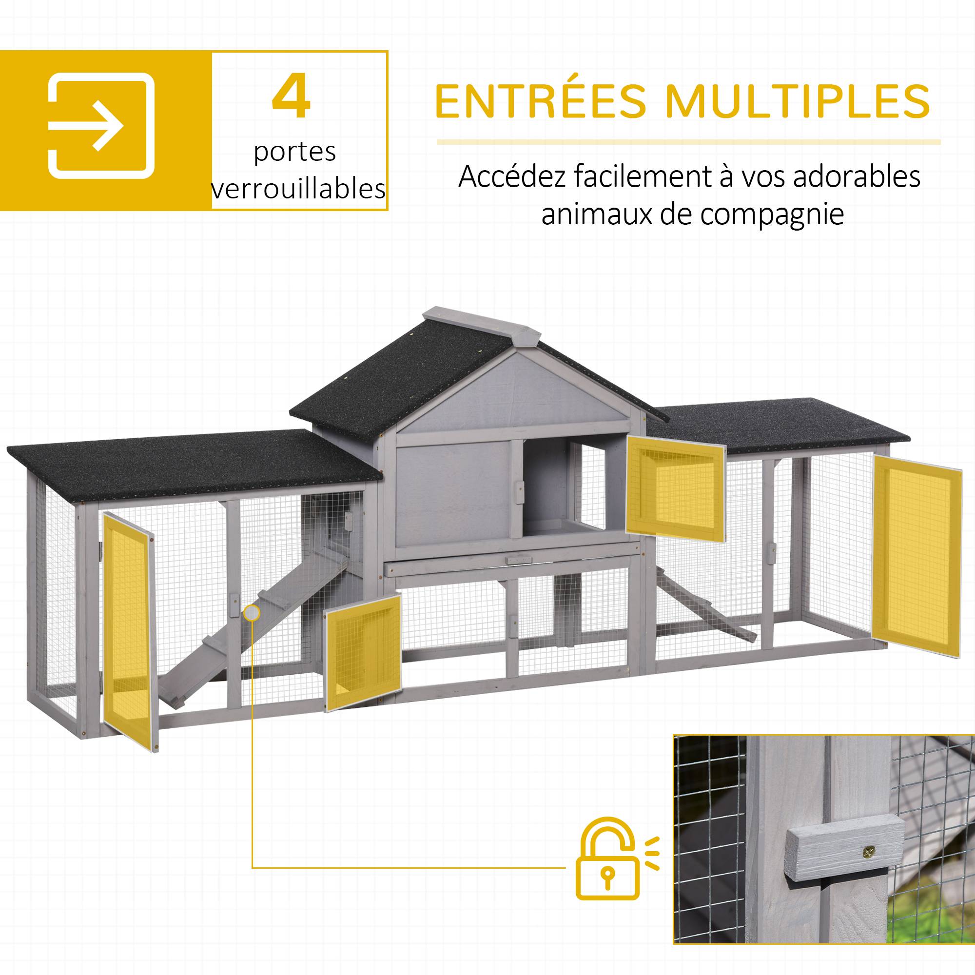 Clapier XXL lapin bois pin rongeurs extérieur 2 étages double enclos 210cm gris - ComfortXL Outdoor Living - Image 6