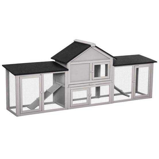 Clapier XXL lapin bois pin rongeurs extérieur 2 étages double enclos 210cm gris - ComfortXL Outdoor Living - Image 1