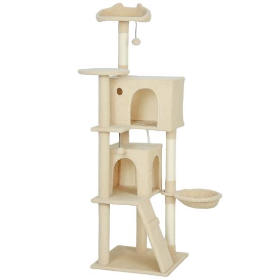 Arbre à chat intérieur avec hamac et échelle 48 x 48 x 160 cm polyester beige - PANGIVO - Image 1