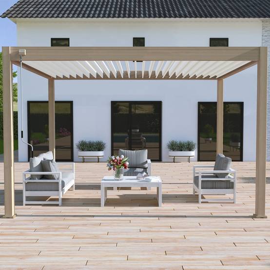 Ombrea - Pergola bioclimatique VS Ombréa autoportante 3x4M - Woodlook bois naturel + 1 store 4M blanc - Image 3