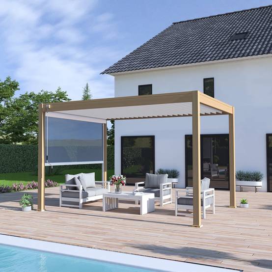 Ombrea - Pergola bioclimatique VS Ombréa autoportante 3x4M - Woodlook bois naturel + 1 store 4M blanc - Image 1