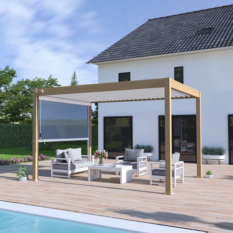 Ombrea - Pergola bioclimatique VS Ombréa autoportante 3x4M - Woodlook bois naturel + 1 store 4M blanc - Image 1