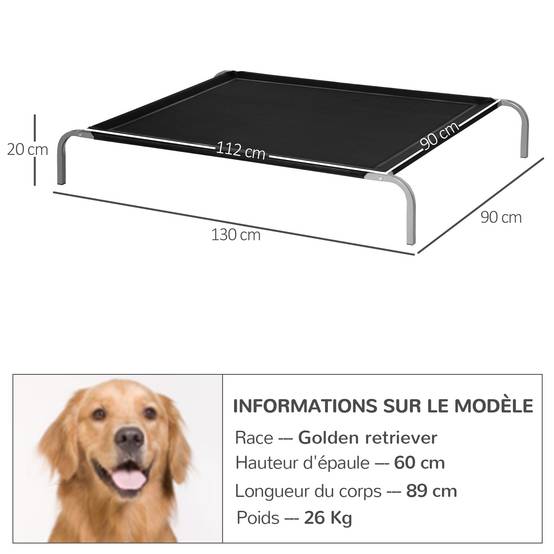 Lit chien chat XXL surélevé métal textilène respirant extérieur 130x90cm noir - ComfortXL Outdoor Living - Image 5