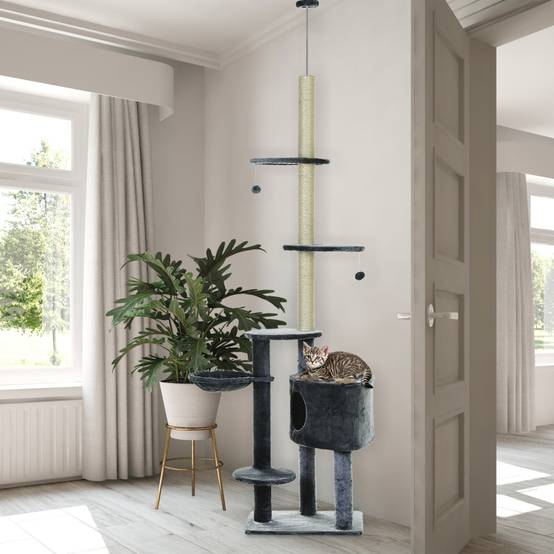 Arbre à Chat Hauteur Plafond 220-265 cm, Multi-Niveaux avec Hamac, Grotte, Balles et Poteaux en Sisal, Plateformes, Gris Foncé - Image 2