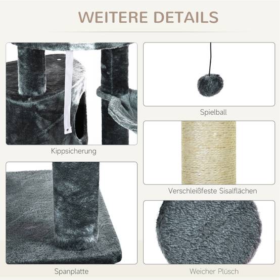 Arbre à Chat Hauteur Plafond 220-265 cm, Multi-Niveaux avec Hamac, Grotte, Balles et Poteaux en Sisal, Plateformes, Gris Foncé - Image 6