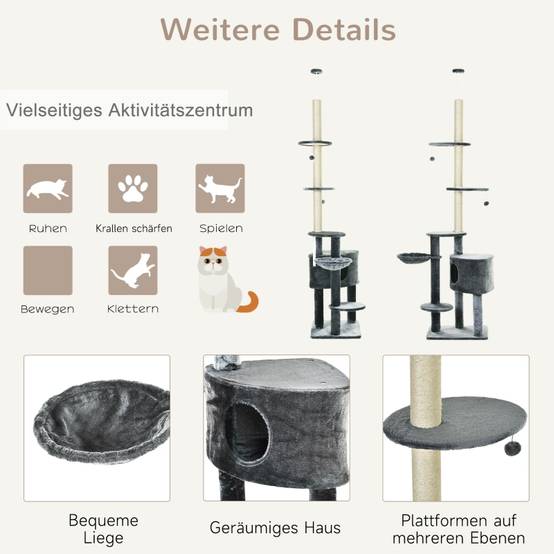 Arbre à Chat Hauteur Plafond 220-265 cm, Multi-Niveaux avec Hamac, Grotte, Balles et Poteaux en Sisal, Plateformes, Gris Foncé - Image 4
