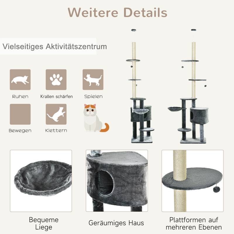 Arbre à Chat Hauteur Plafond 220-265 cm, Multi-Niveaux avec Hamac, Grotte, Balles et Poteaux en Sisal, Plateformes, Gris Foncé - Image 4