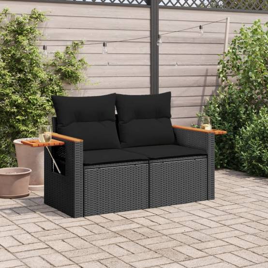Canapé Extérieur 2 Places Poly Rotin avec Tablettes Latérales et Bois Acacia – Noir – ComfortXL Outdoor Living - Image 3