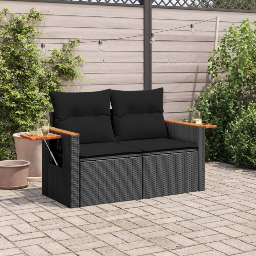 Canapé Extérieur 2 Places Poly Rotin avec Tablettes Latérales et Bois Acacia – Noir – ComfortXL Outdoor Living - Image 3