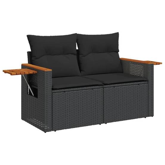 Canapé Extérieur 2 Places Poly Rotin avec Tablettes Latérales et Bois Acacia – Noir – ComfortXL Outdoor Living - Image 2