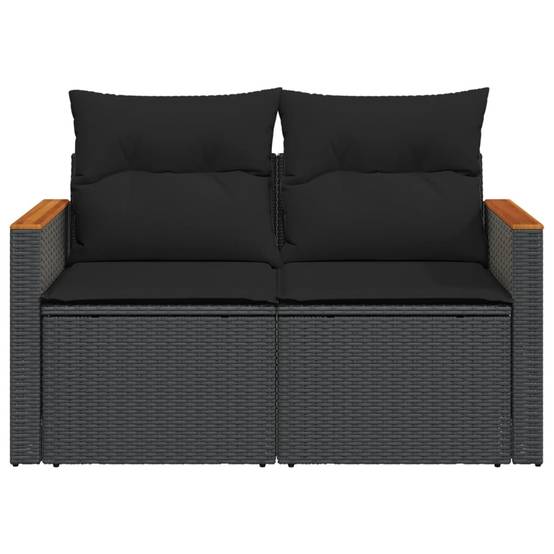 Canapé Extérieur 2 Places Poly Rotin avec Tablettes Latérales et Bois Acacia – Noir – ComfortXL Outdoor Living - Image 5