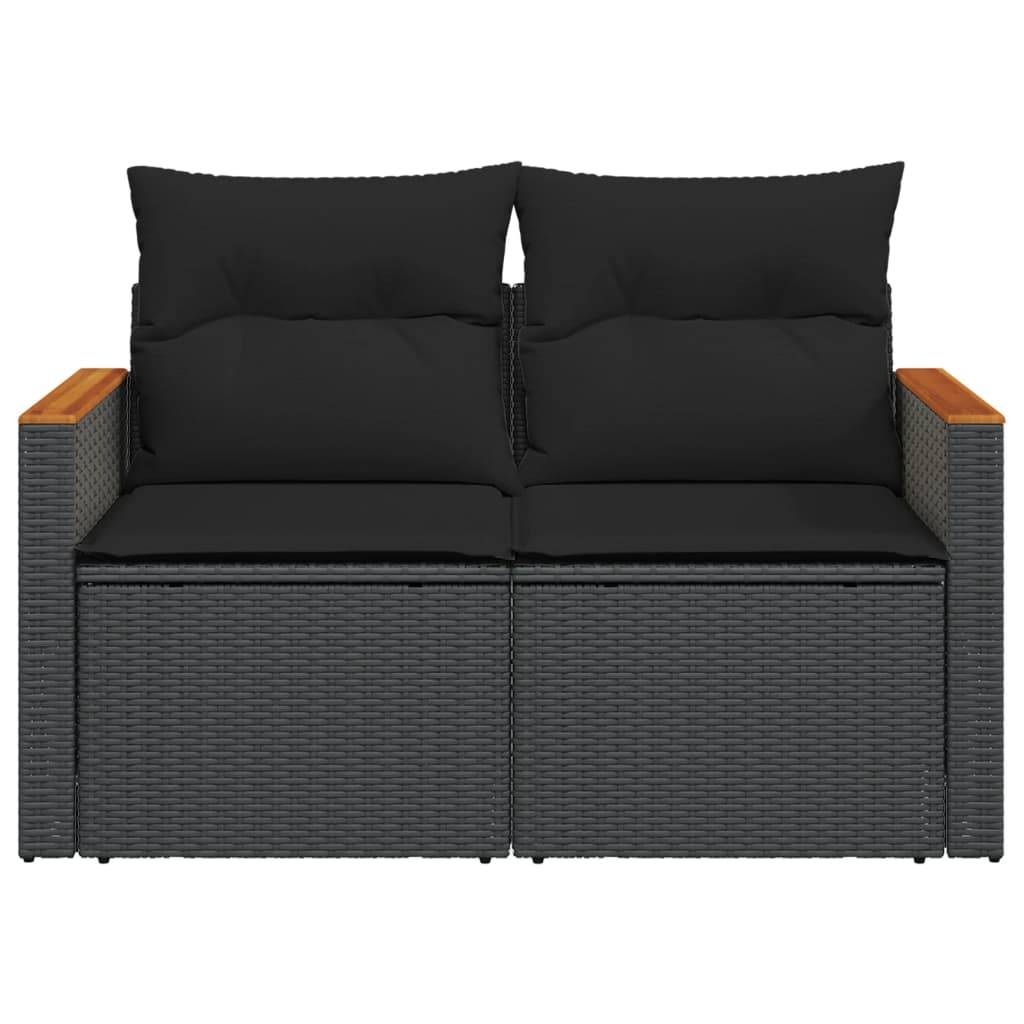 Canapé Extérieur 2 Places Poly Rotin avec Tablettes Latérales et Bois Acacia – Noir – ComfortXL Outdoor Living - Image 5