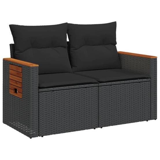 Canapé Extérieur 2 Places Poly Rotin avec Tablettes Latérales et Bois Acacia – Noir – ComfortXL Outdoor Living - Image 4