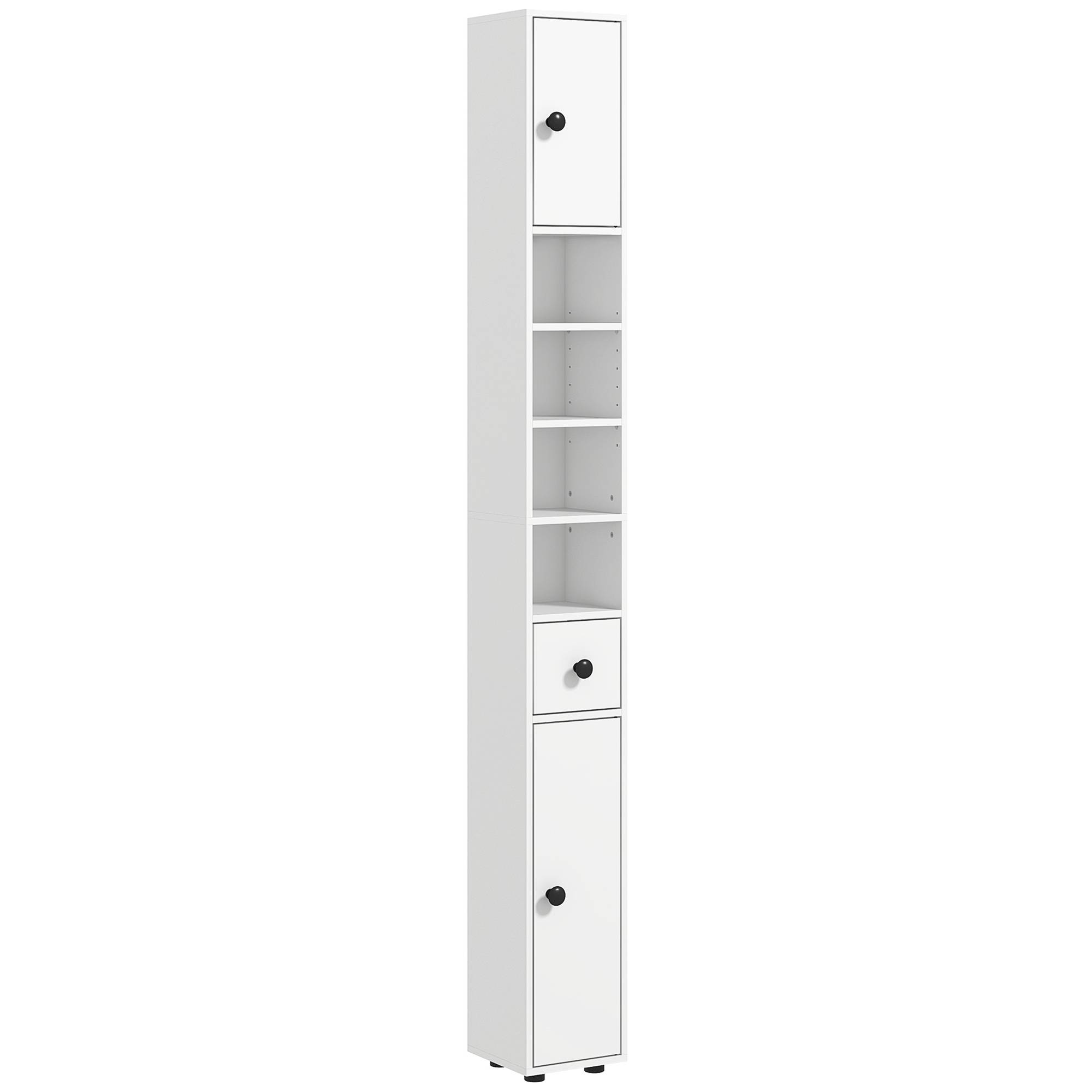 Armoire haute salle de bain avec 1 tiroir 4 étagères réglables et 2 placards, rangement 20x20x180 cm blanc moderne - Image 1