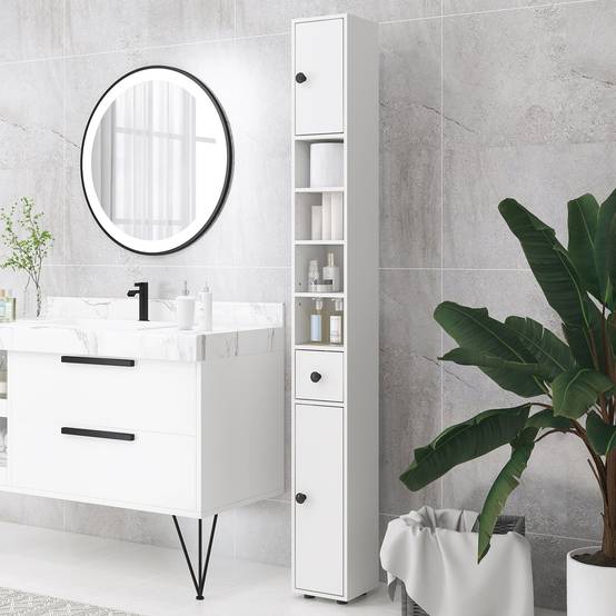 Armoire haute salle de bain avec 1 tiroir 4 étagères réglables et 2 placards, rangement 20x20x180 cm blanc moderne - Image 3