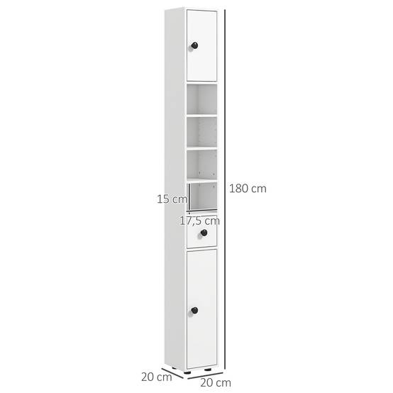 Armoire haute salle de bain avec 1 tiroir 4 étagères réglables et 2 placards, rangement 20x20x180 cm blanc moderne - Image 5