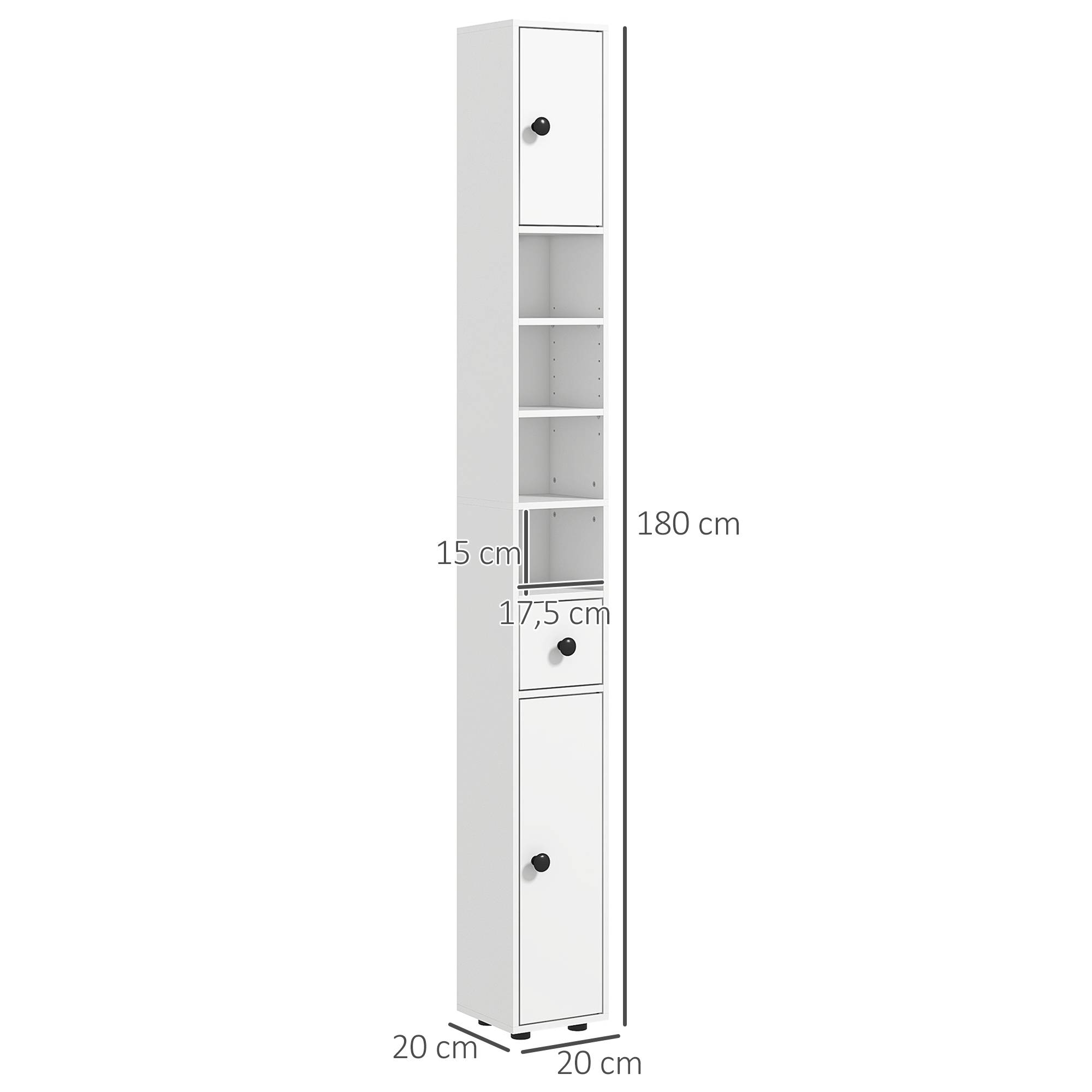 Armoire haute salle de bain avec 1 tiroir 4 étagères réglables et 2 placards, rangement 20x20x180 cm blanc moderne - Image 5