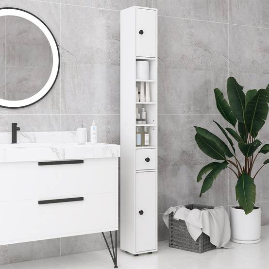 Armoire haute salle de bain avec 1 tiroir 4 étagères réglables et 2 placards, rangement 20x20x180 cm blanc moderne - Image 4