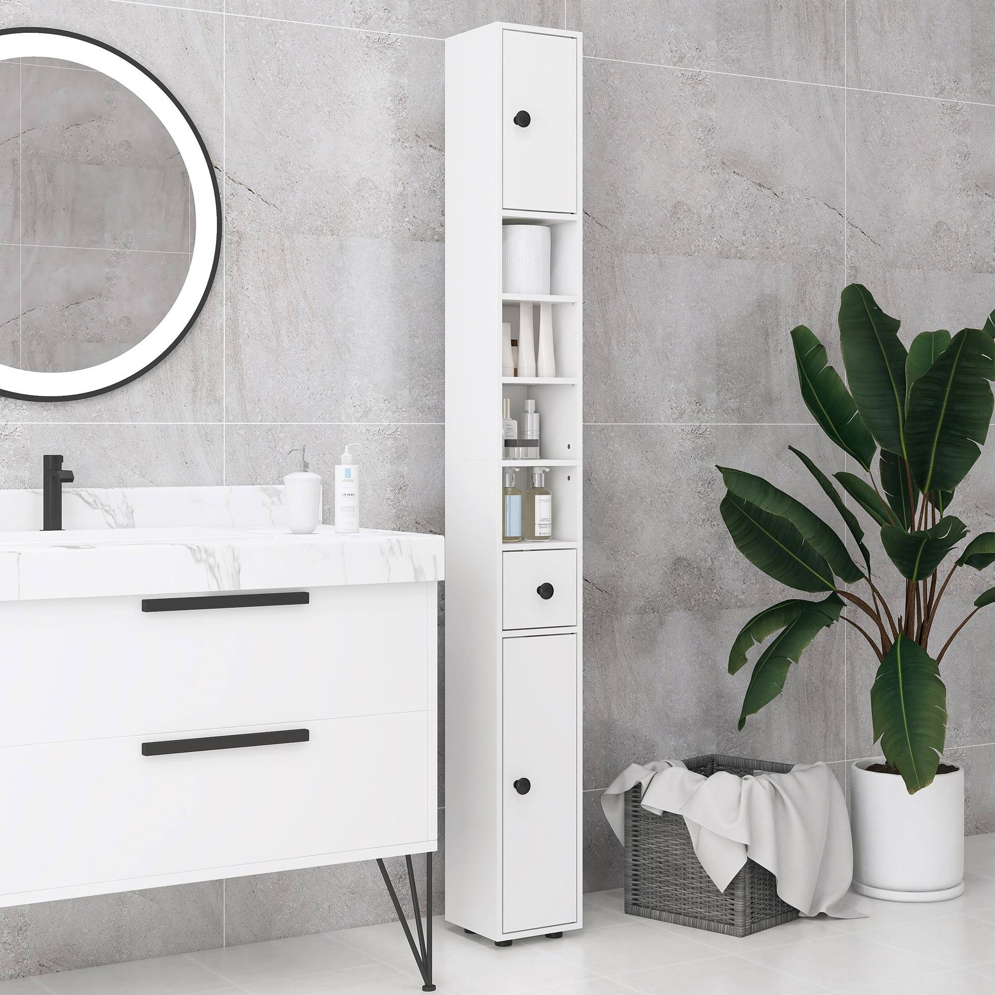Armoire haute salle de bain avec 1 tiroir 4 étagères réglables et 2 placards, rangement 20x20x180 cm blanc moderne - Image 4
