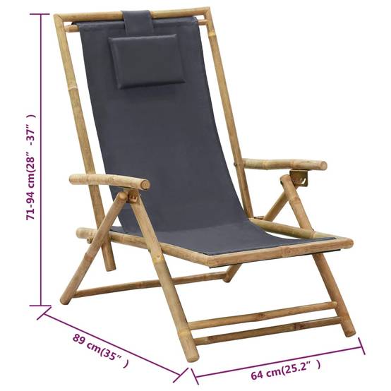 Chaise de jardin | Chaise de relaxation inclinable Gris foncé Bambou et tissu - Image 8