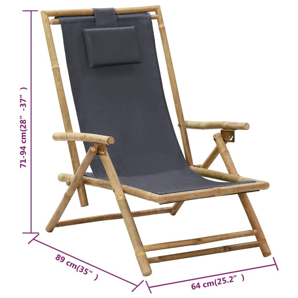 Chaise de jardin | Chaise de relaxation inclinable Gris foncé Bambou et tissu - Image 8