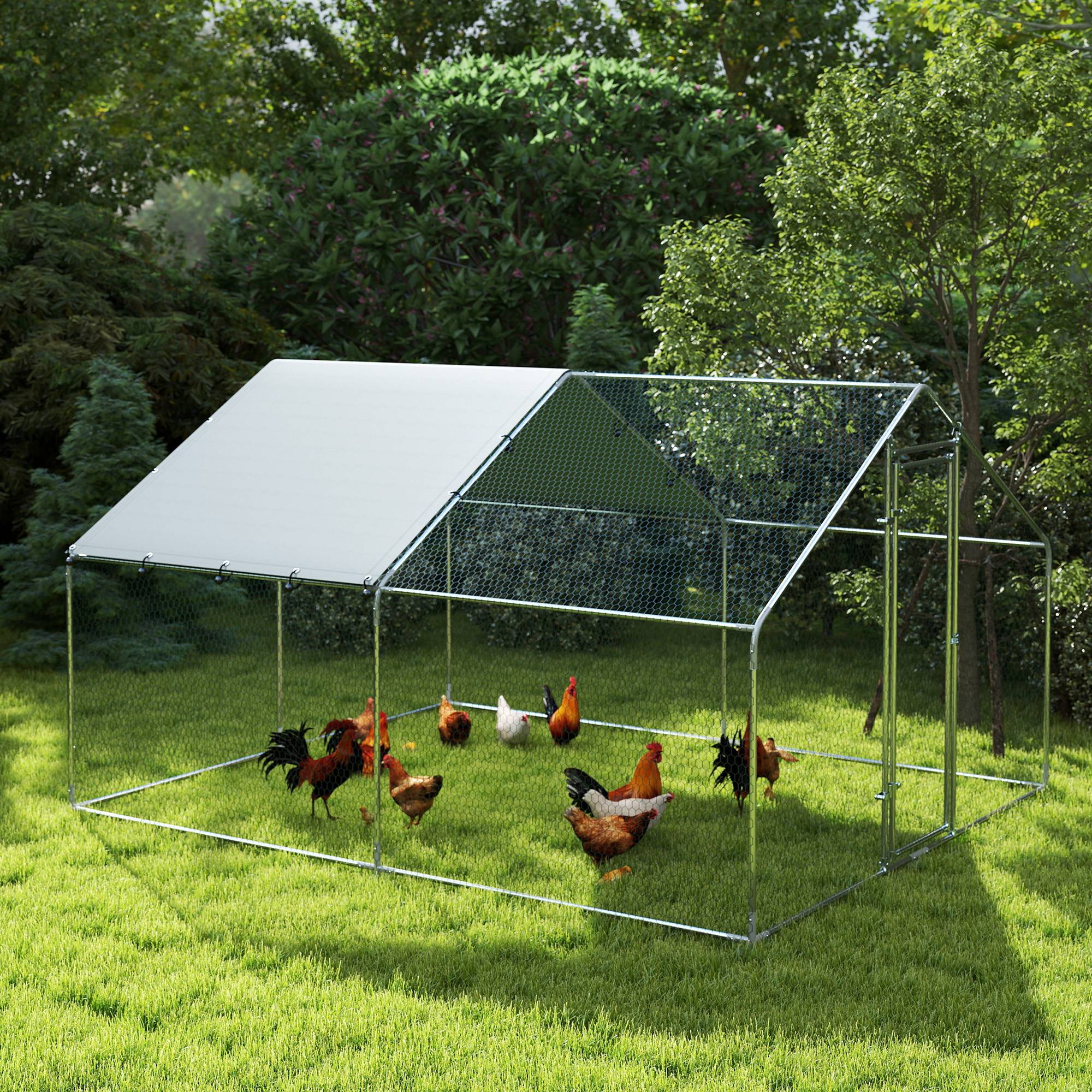 Grand poulailler en métal (3 x 3,4 x 1,9 m) avec housse imperméable et résistante aux UV, couleur argent. - Image 10