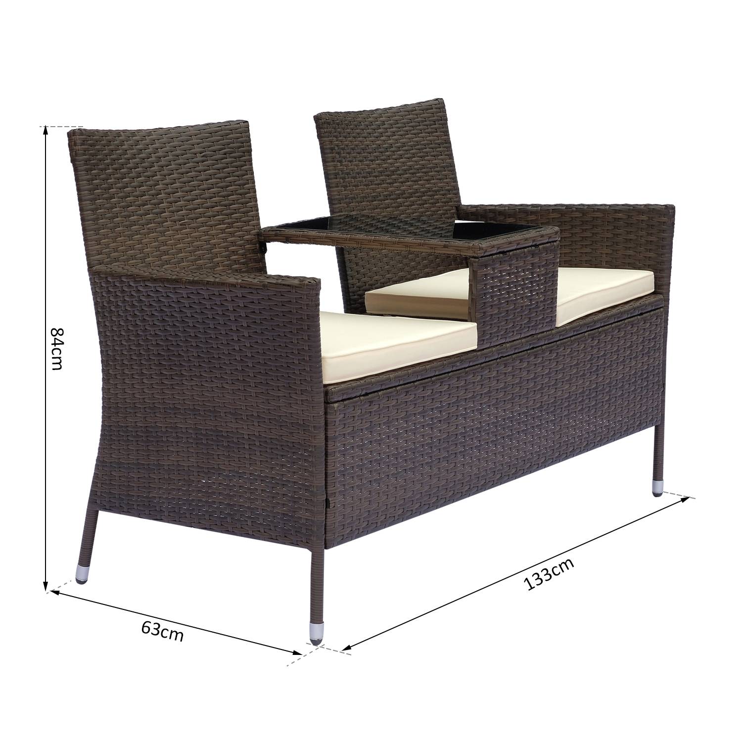 Outsunny - Banc de jardin design contemporain double chaise avec coussins assise + tablette intégrée résine tressée chocolat polyester crème - Outsunny - Imagen 3