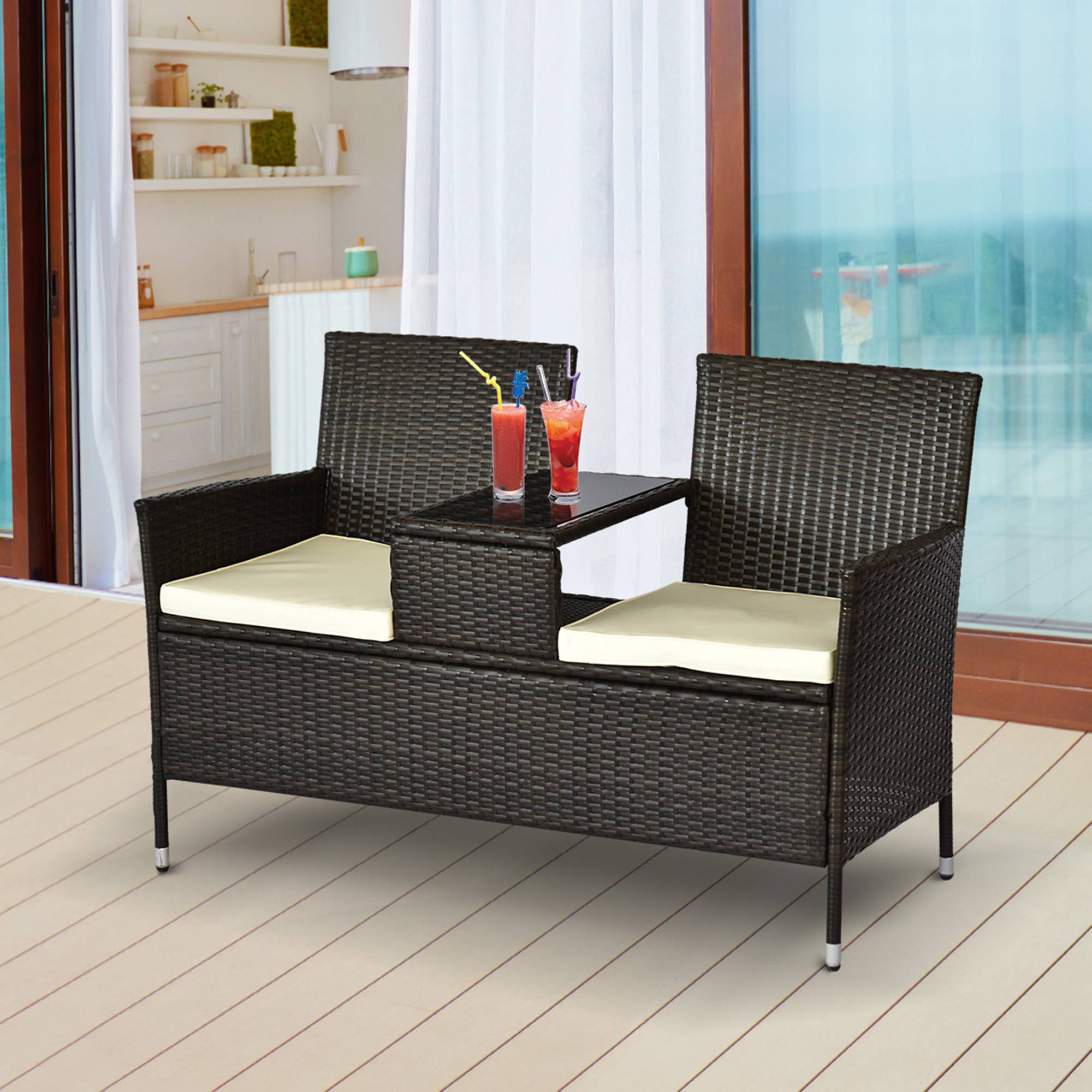 Outsunny - Banc de jardin design contemporain double chaise avec coussins assise + tablette intégrée résine tressée chocolat polyester crème - Outsunny - Imagen 2